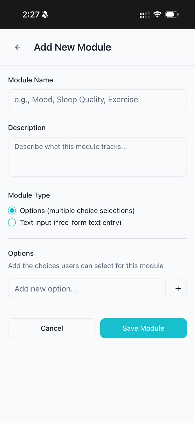 Add new module screen