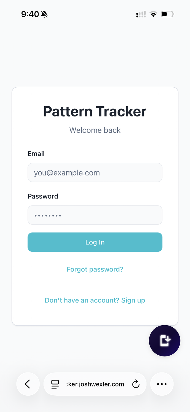 Pattern Tracker login screen on iOS