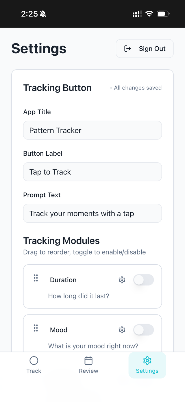 Settings screen with tracking modules