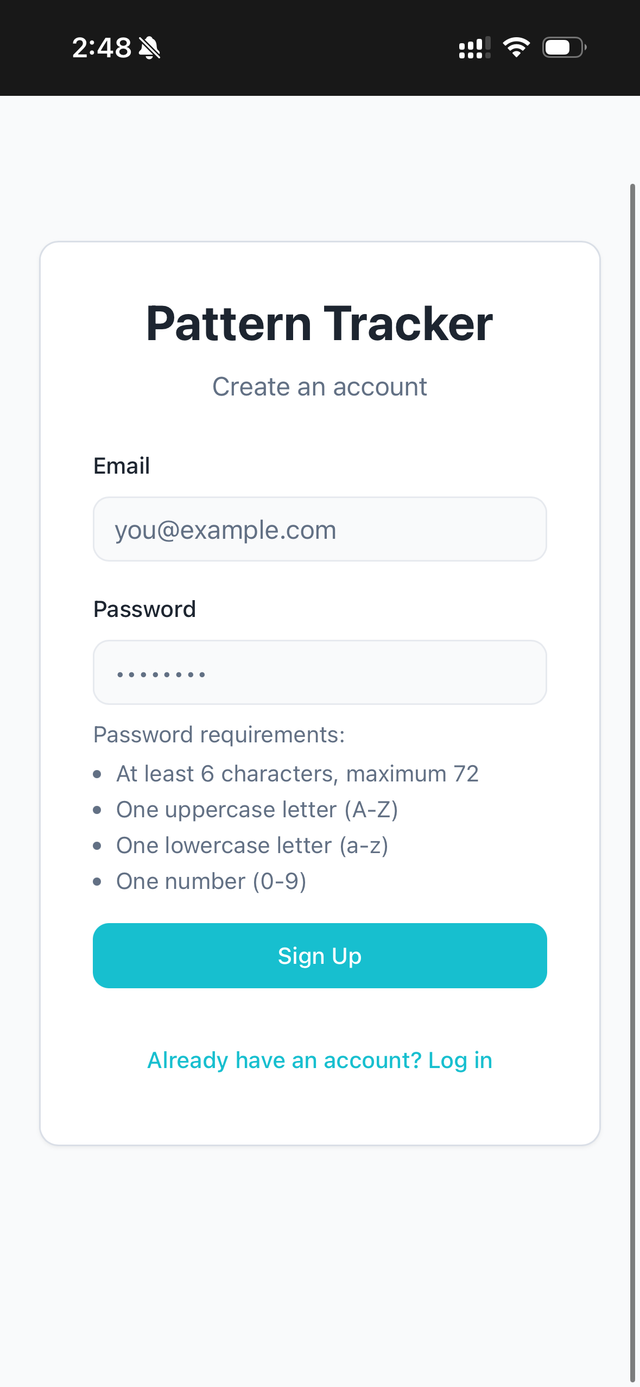 Pattern Tracker signup screen