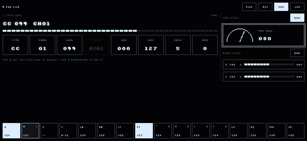 The left stick set up as a dial, sending CC 44 at value 80.