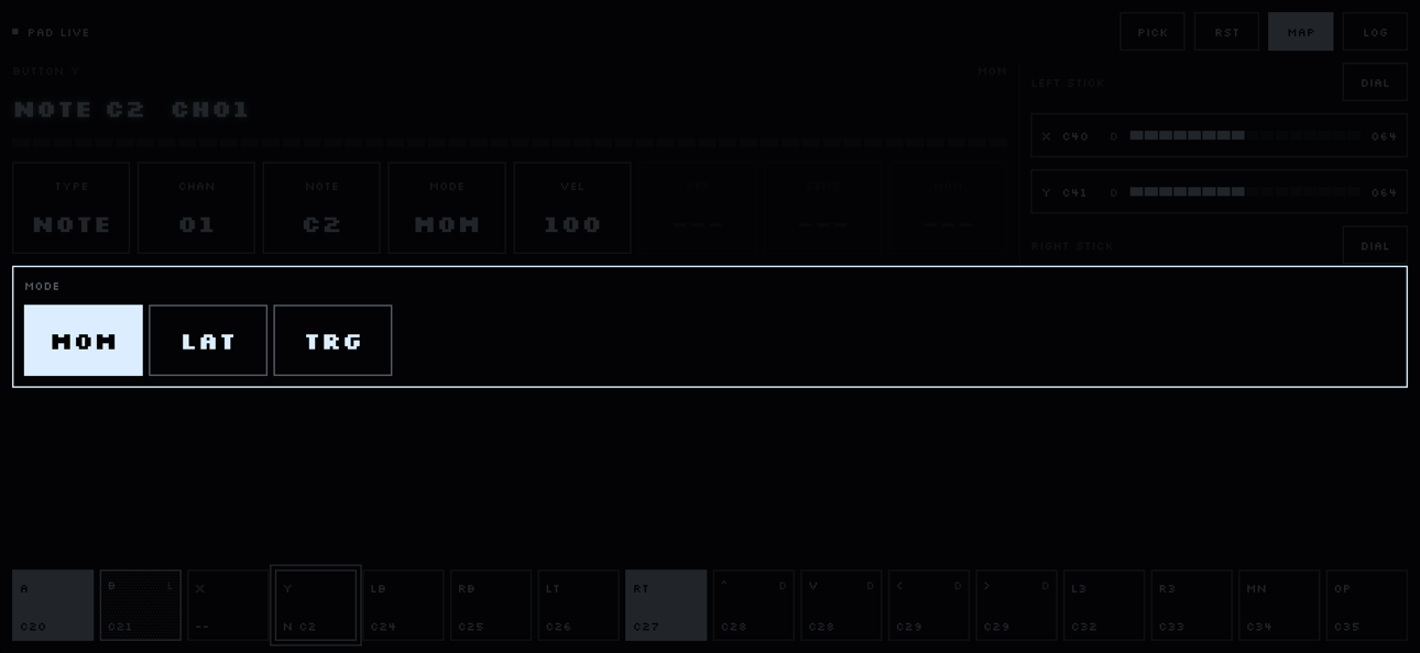 The mode picker showing MOM, LAT and TRG.