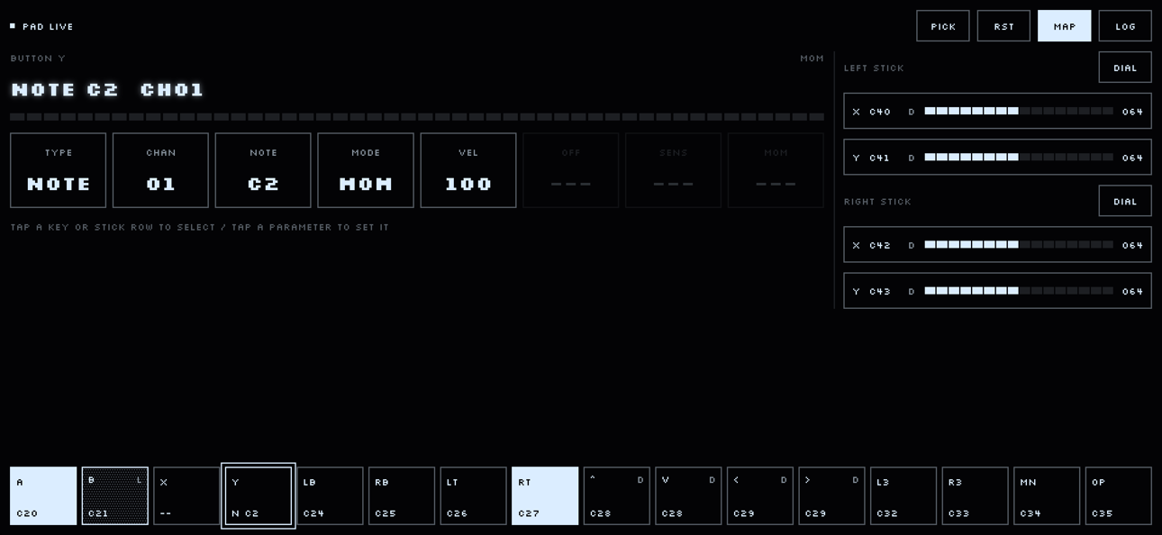 The Gamepad MIDI editor with button Y selected, set to note C2 on channel 1.
