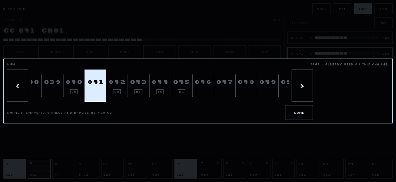 The number carousel, open on CC 41, with CCs 40, 42, 43, 44 and 45 tagged as in use.